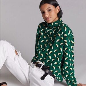 Anthropologie MAEVE Carys Mock Neck Sweater Kelly Green Geometric Pattern